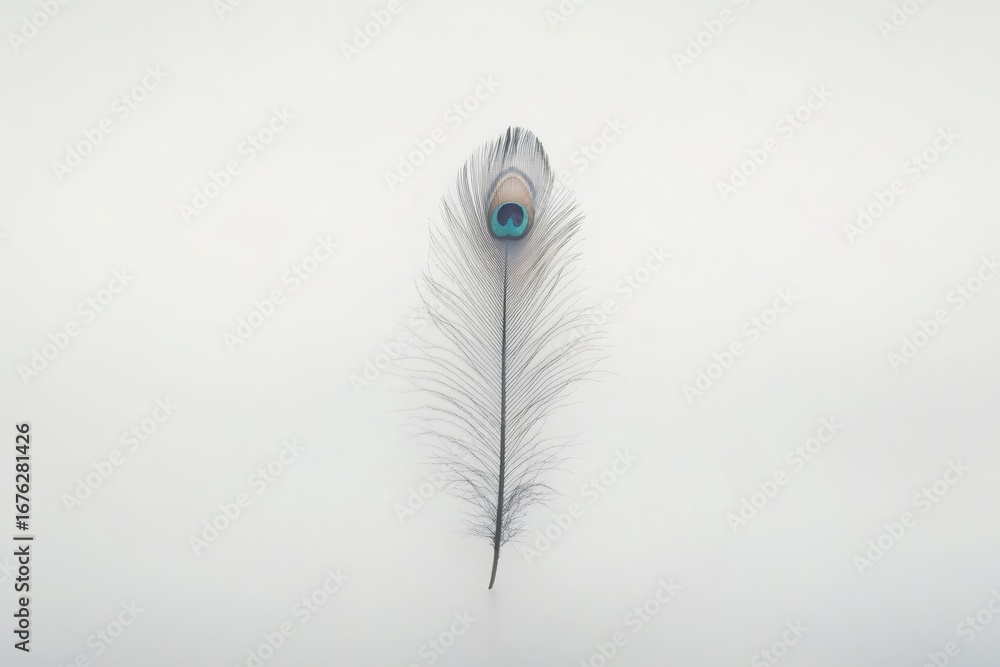 Poster elegant minimalist scene of a single peacock feather lying on a white background, creating a simple 
