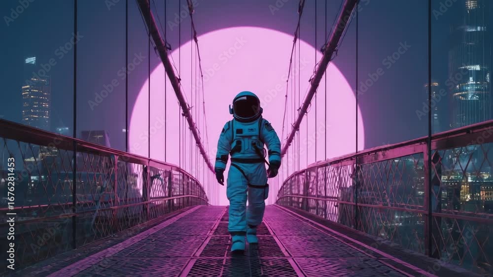 Poster astronaut walks on a bridge at night with a large pink moon in the background and a futuristic city 