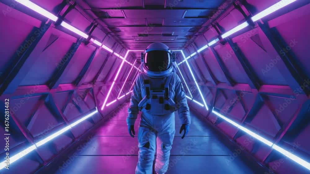 Poster astronaut is exploring a futuristic spaceship corridor illuminated by vibrant neon lights, creating 
