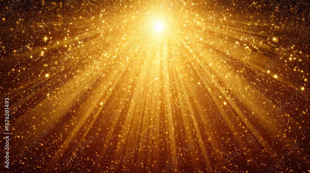 Poster bright golden light radiates from center, creating dazzling effect with sparkling particles and beam