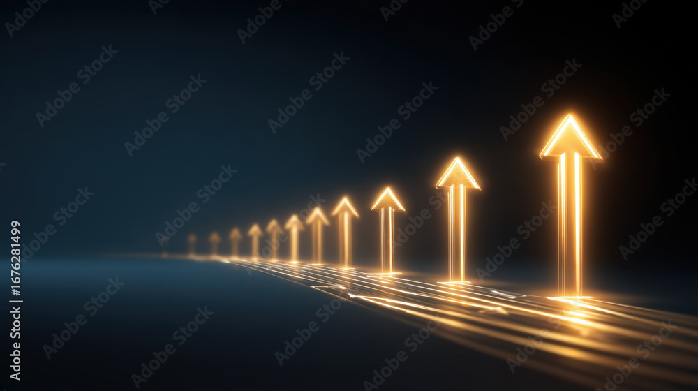 Poster glowing arrows symbolize growth and progress, creating dynamic visual effect against dark background