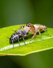 Jumping spider consuming prey on leaf
