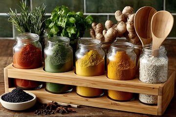 Fototapeta premium Rustic bamboo spice rack with ceramic containers high resolution picture