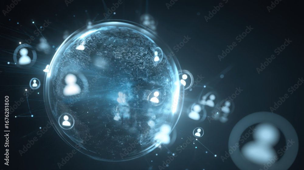 Poster digital globe with interconnected user icons representing global communication and networking. desig
