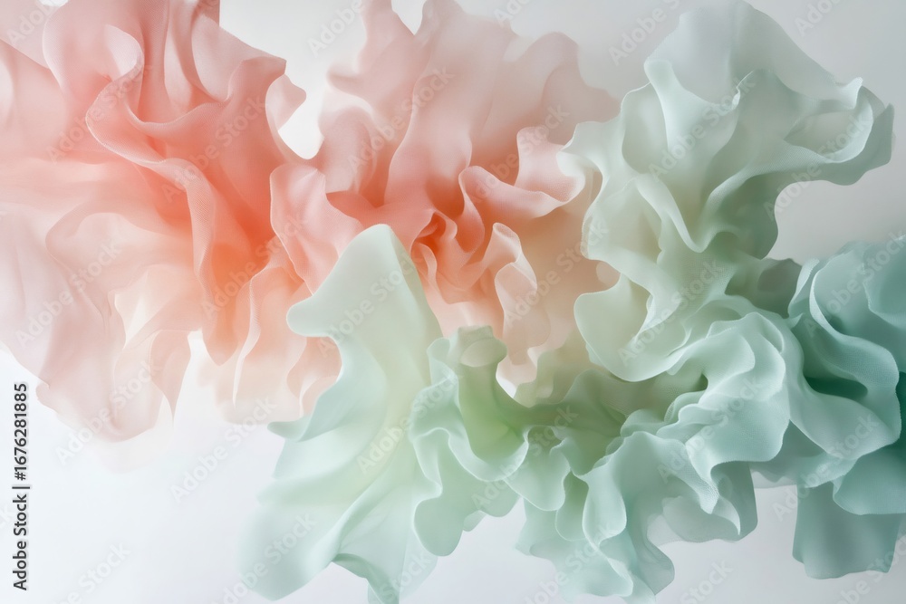 Poster colorful abstract design resembling fluid shapes in shades of coral and green, creating a visually a