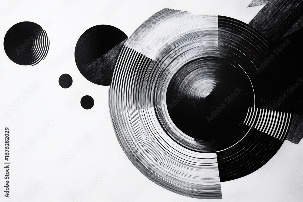 Poster modern minimalist black and white abstract composition with circles, spiral lines and textured brush