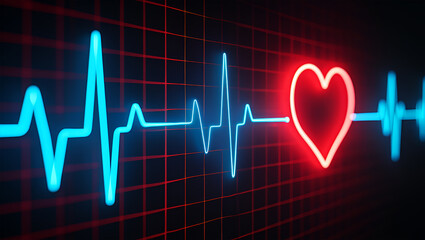 Glowing electrocardiogram heart rhythm with blue and red neon pulse medical
