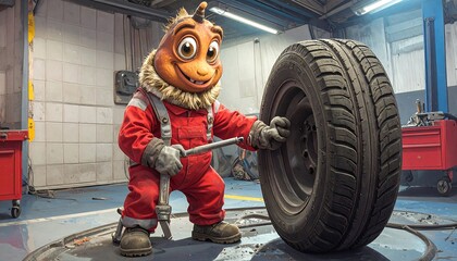 Animated character works on tire
