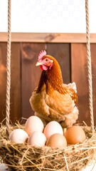 Hen with eggs in a nest