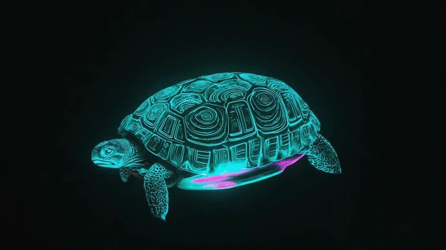 Futuristic neon turtle, glowing with vibrant turquoise and purple hues, gracefully swims through a digital sea, showcasing intricate patterns on its shell