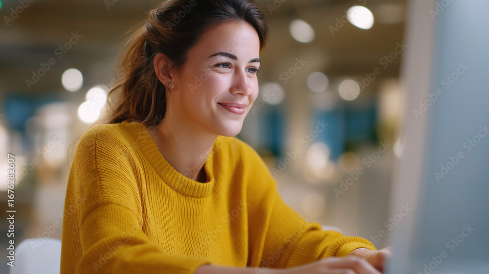 Poster creative female working using computer software to choose move and manipulate 3d furniture in a cozy