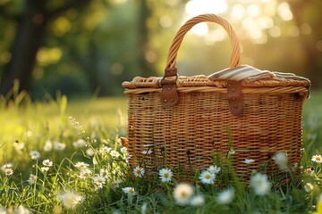 Classic picnic basket outdoors high resolution picture