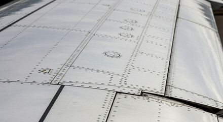 Close up view of airplane wing metal panels and rivets