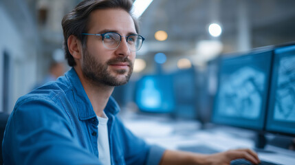 Architectural visualization specialist creating photorealistic building renderings using advanced 3D modeling software with detailed materials and lighting effects displayed on