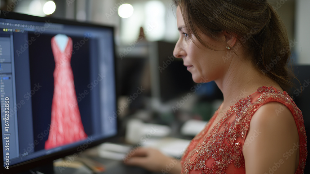 Aufkleber fashion designer creating virtual clothing collections using 3d fashion design software with fabric 