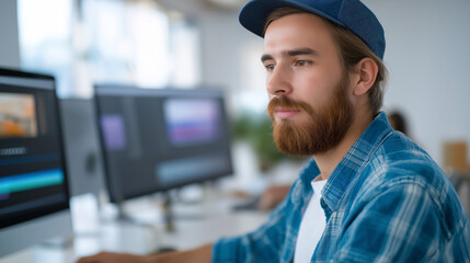 Motion graphics artist animating corporate branding elements using timeline based software with keyframe animations and effects parameters visible on multiple cinema displays in