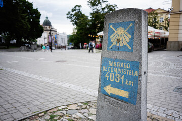 Camino marker in Przemysl, Poland showing distance to Santiago de Compostela