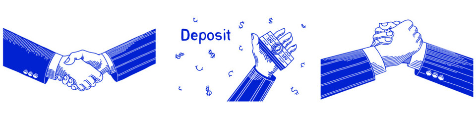 Business handshake concepts. Deposit your money. Deal between two leaders. Banner in hand drawn outline style for your company, management, strategy, negotiations, new horizons, success 