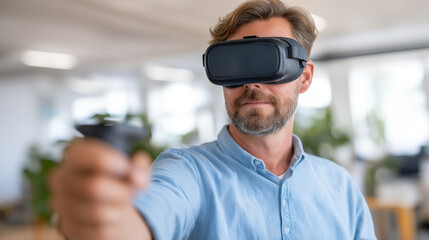 VR experience designer building immersive educational environments using Unity 3D platform with virtual reality headset and motion tracking controllers for testing interactive lea