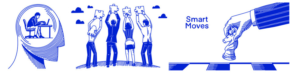 Business and teamwork concepts. Puzzle concept, chess game and knights move, a man works inside a head. Banner in hand drawn outline style for your company, success 