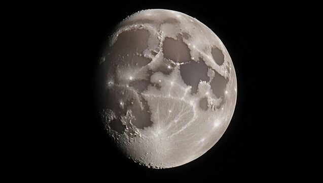 Detailed view of the moon s surface showing craters and maria against a black sky