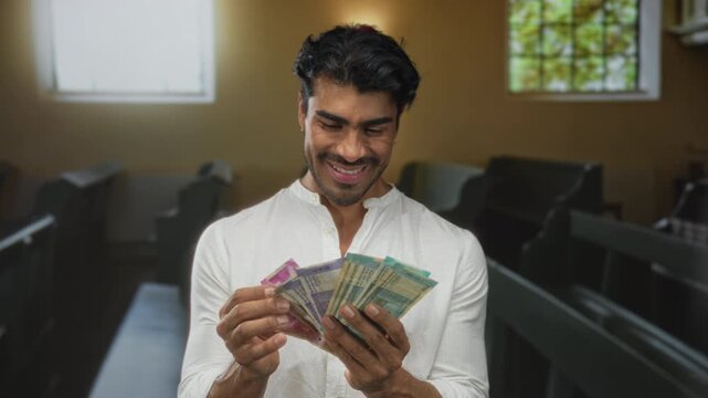 Man smiling while holding colorful rupee banknotes in church building; donation generosity gratitude.