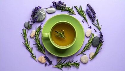 Herbal tea, stones, and lavender