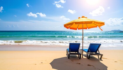 Sunny beach scene with umbrella and chairs