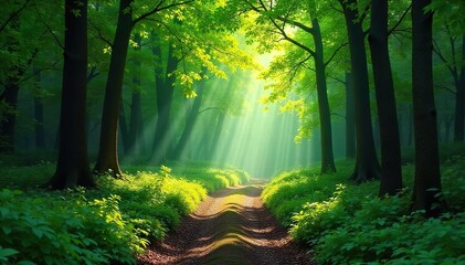 Obraz premium Serene forest path winding through lush green canopy, sunlight dappling the leaves, creating a magical atmosphere Perfect for nature, travel, and environmental themes , magical, travel