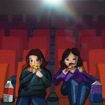 Friends Eating Pizza at the Movie Theater Illustration 