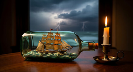 A ship in a bottle next to a lit candle with a stormy sea scene in the background behind the bottle ai generated
