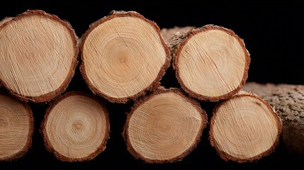 Stack of Fresh Cut Wooden Logs with Bark on Black Background