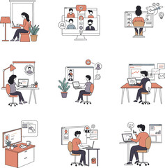 Remote work, virtual meeting, video call, laptop, desk, tablet, computer, home office