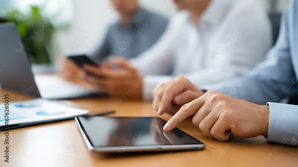 Aufkleber startup meeting room with team of entrepreneurs sitting around conference table having discussions a