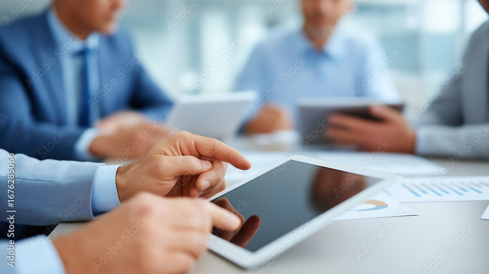 Poster startup meeting room with team of entrepreneurs sitting around conference table having discussions a
