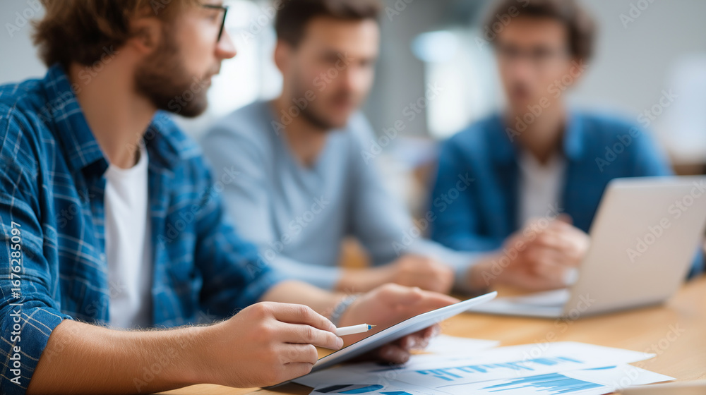 Poster startup meeting room with team of entrepreneurs sitting around conference table having discussions a