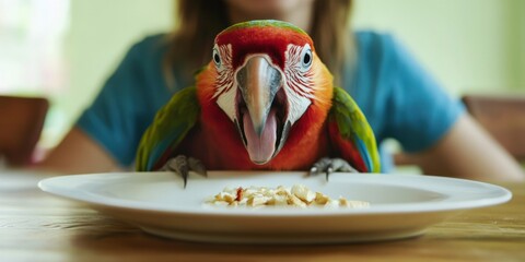 A Colorful Parrot is Happily Enjoying Its Meal at the Dining Table with a Person Nearby