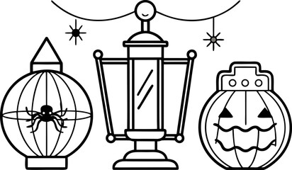 Black and white illustration of Halloween decorations including a spider in a lantern and a jack-o-lantern