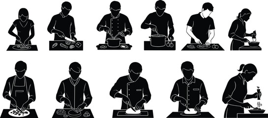 Cooking, silhouette, kitchen, food prep, gesture, utensil, slicing, chopping, stirring, whisking, plating, garnishing, tasting, chef, bowl, pot, dish, vector, domestic, illustration