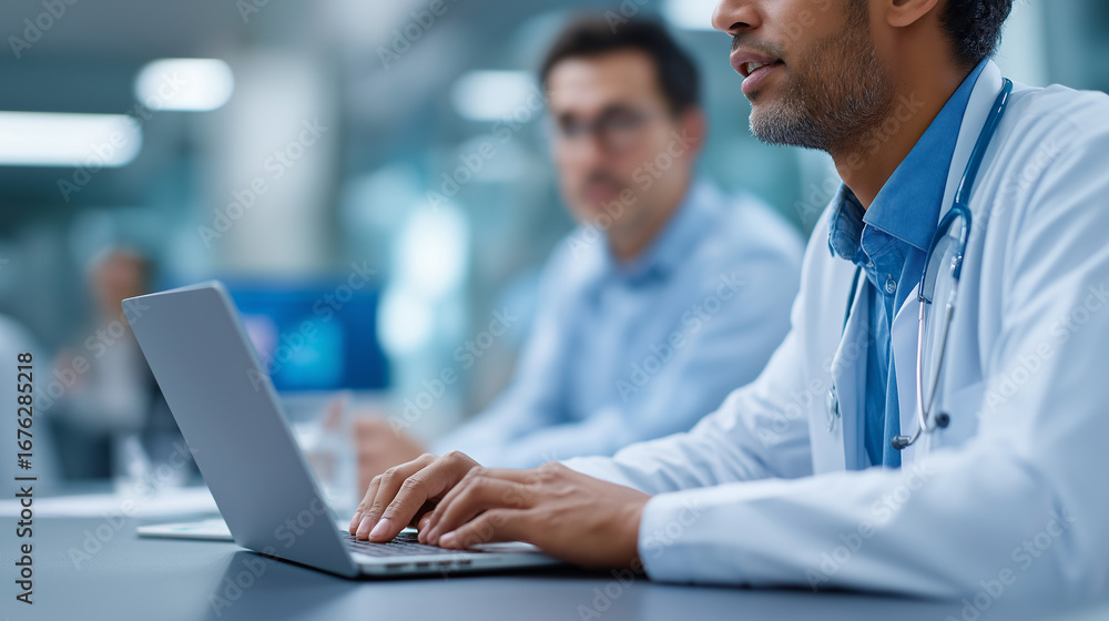 Poster healthtech team developing telemedicine platform with virtual patient consultation interfaces medica
