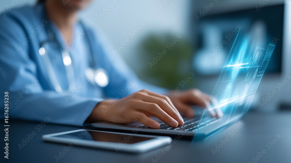 Poster healthtech team developing telemedicine platform with virtual patient consultation interfaces medica