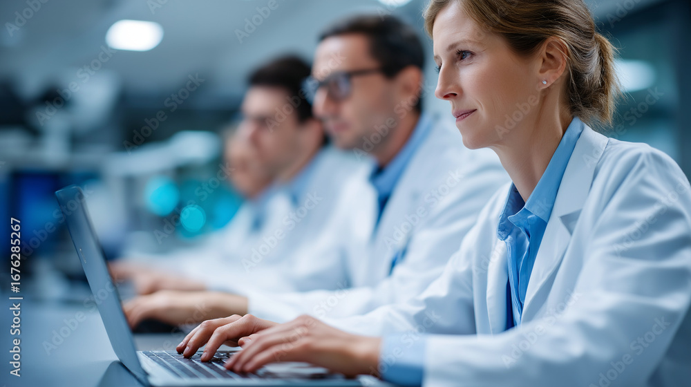 Poster healthtech team developing telemedicine platform with virtual patient consultation interfaces medica