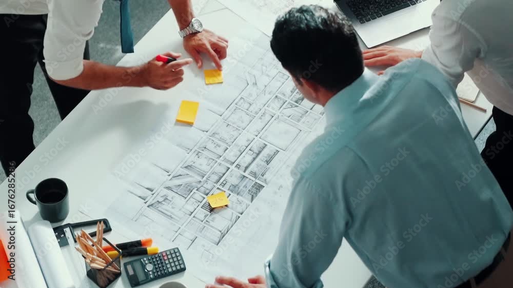 Aufkleber top view of professional architect engineer team writing sticky notes and sticking note at meeting t