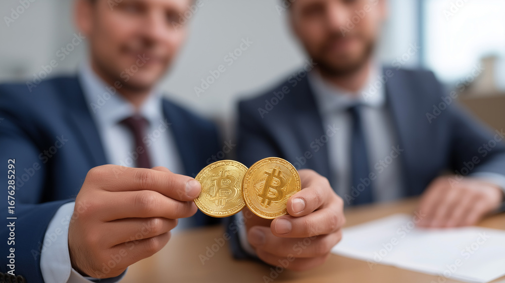 Poster fintech entrepreneurs demonstrating blockchain payment solutions using cryptocurrency transaction si