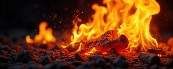 Fototapeta premium Close-up of flickering golden flames, intense heat radiating, embers glowing warmly against a dark background A mesmerizing display of fire's power and beauty , inferno, shine, nature