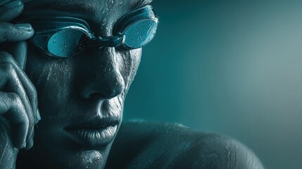 Dramatic close-up of a male swimmer wearing blue goggles, water droplets on skin, under cool teal lighting and intense focus.

