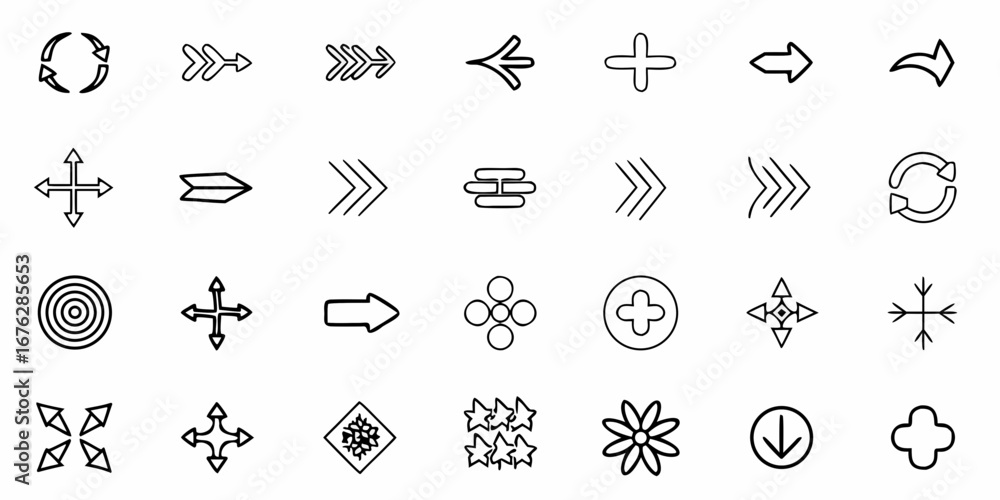 Poster dynamic collection of essential directional and action icons featuring arrows, refresh symbols, targ