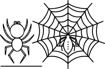 Cartoon Spider and Cobweb Illustration in Black and White Outline arachnid insect
