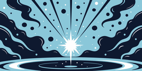 Dynamic burst of cosmic energy radiates outwards illuminating a surreal, abstract liquid landscape with swirling dark clouds and scattered starlight creating a sense of wonder and discovery.