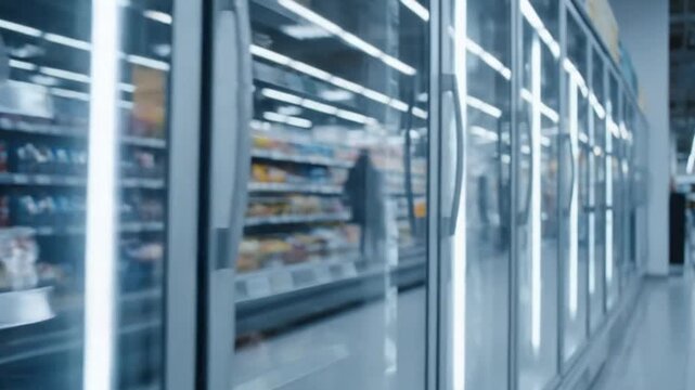 Expansive frozen food section in a contemporary supermarket, showcasing a long row of illuminated glass-door commercial freezers